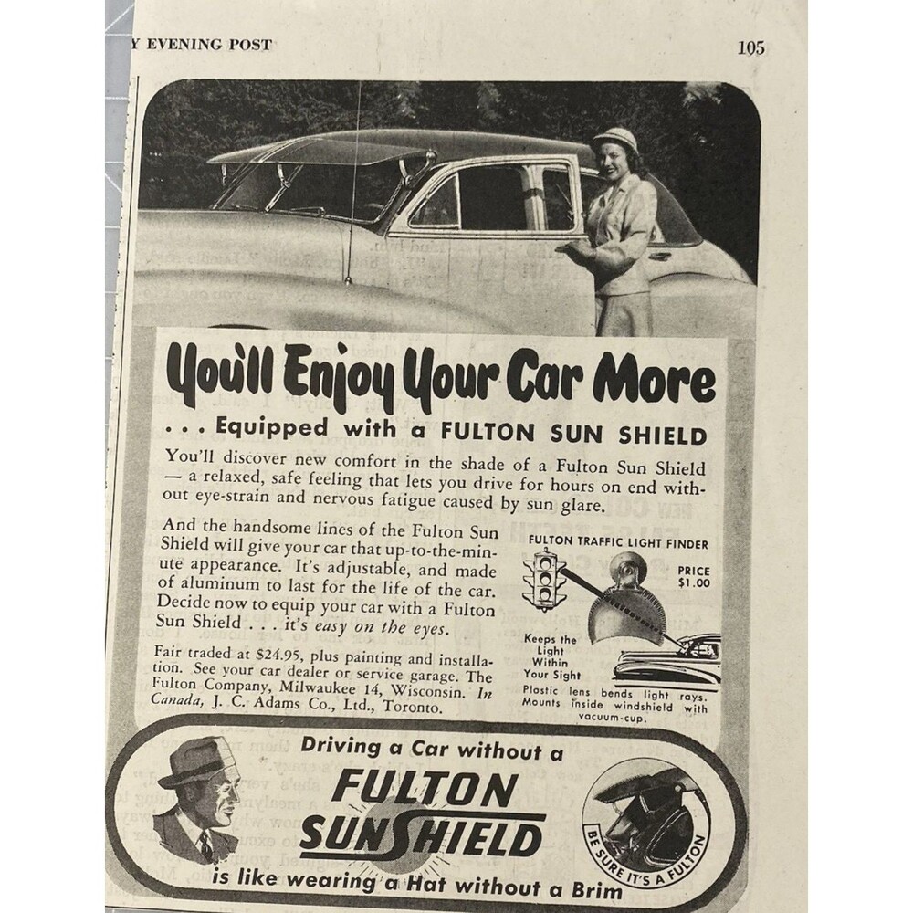 Fulton Sun Shield "You'll Enjoy Your Car More" Vintage Print Ad 1948